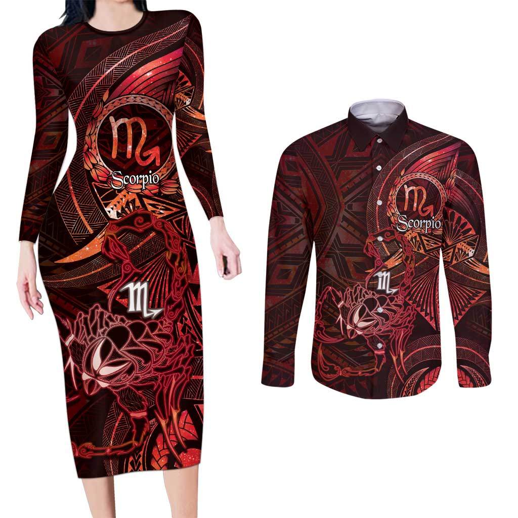 Personalised Polynesia Zodiac Scorpio Couples Matching Long Sleeve Bodycon Dress and Long Sleeve Button Shirt Galaxy Polynesian Pattern Chest Tattoo Style