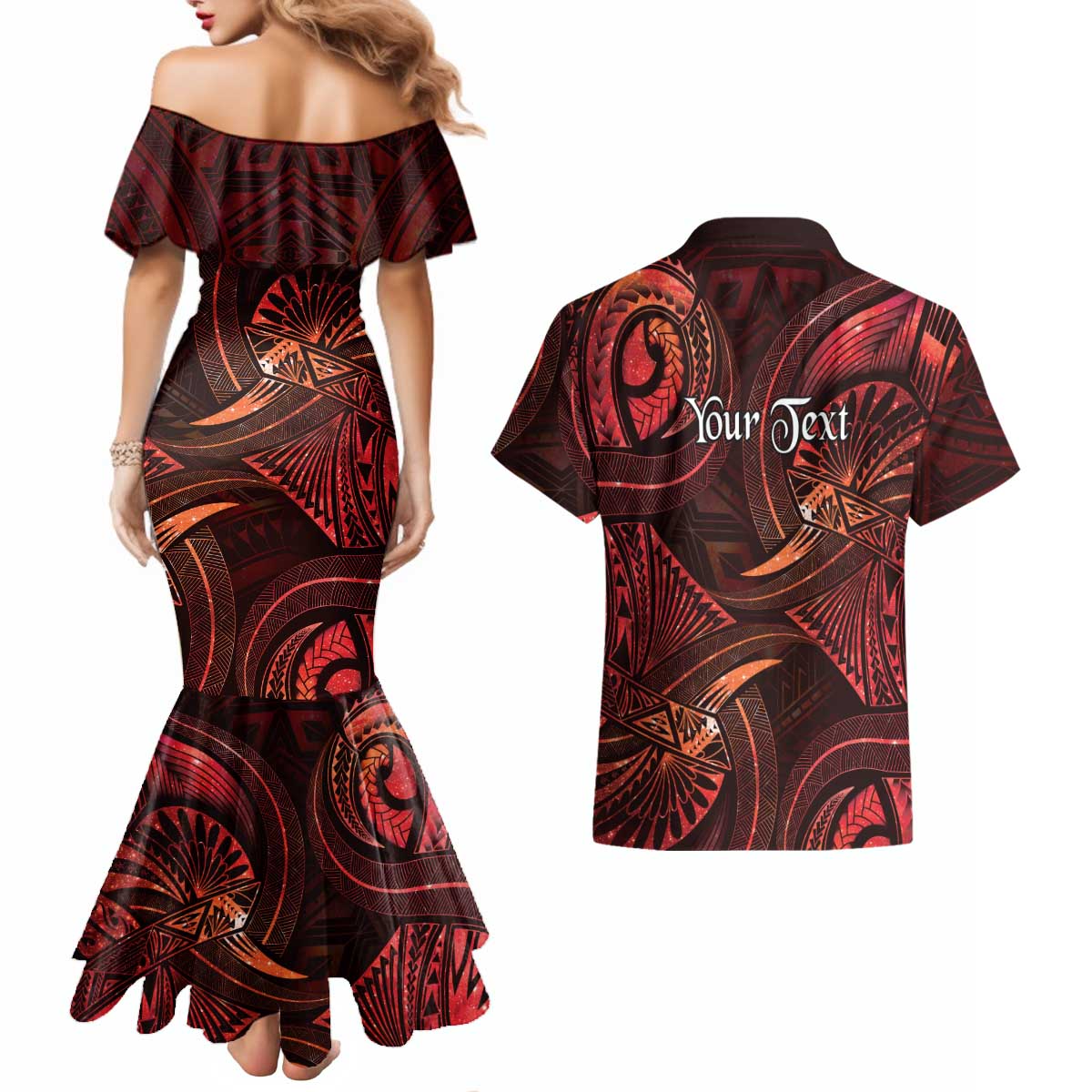 Personalised Polynesia Zodiac Scorpio Couples Matching Mermaid Dress and Hawaiian Shirt Galaxy Polynesian Pattern Chest Tattoo Style
