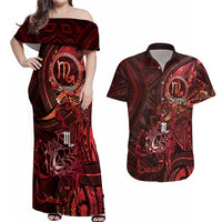 Personalised Polynesia Zodiac Scorpio Couples Matching Off Shoulder Maxi Dress and Hawaiian Shirt Galaxy Polynesian Pattern Chest Tattoo Style LT14 Red - Polynesian Pride