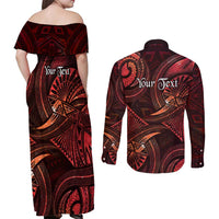 Personalised Polynesia Zodiac Scorpio Couples Matching Off Shoulder Maxi Dress and Long Sleeve Button Shirt Galaxy Polynesian Pattern Chest Tattoo Style