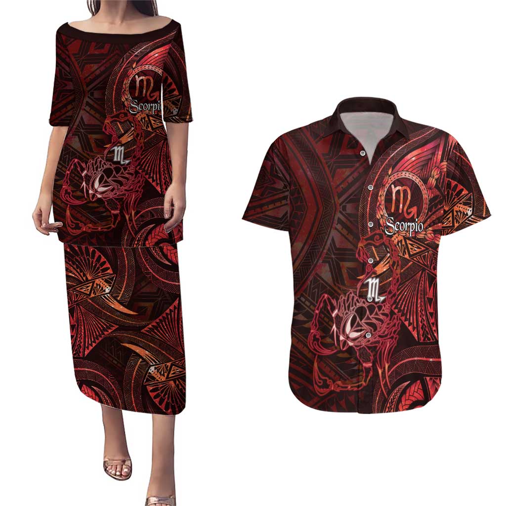 Personalised Polynesia Zodiac Scorpio Couples Matching Puletasi and Hawaiian Shirt Galaxy Polynesian Pattern Chest Tattoo Style