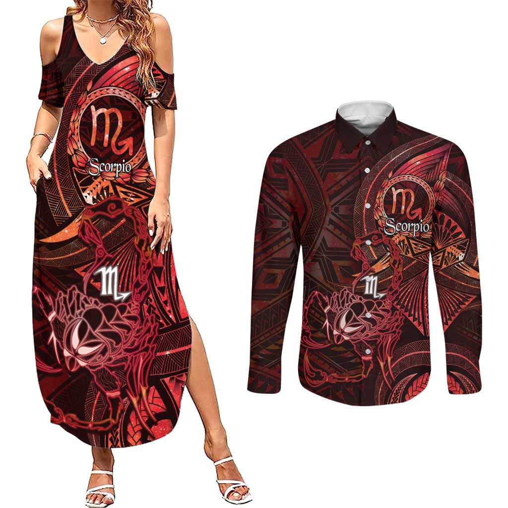 Personalised Polynesia Zodiac Scorpio Couples Matching Summer Maxi Dress and Long Sleeve Button Shirt Galaxy Polynesian Pattern Chest Tattoo Style