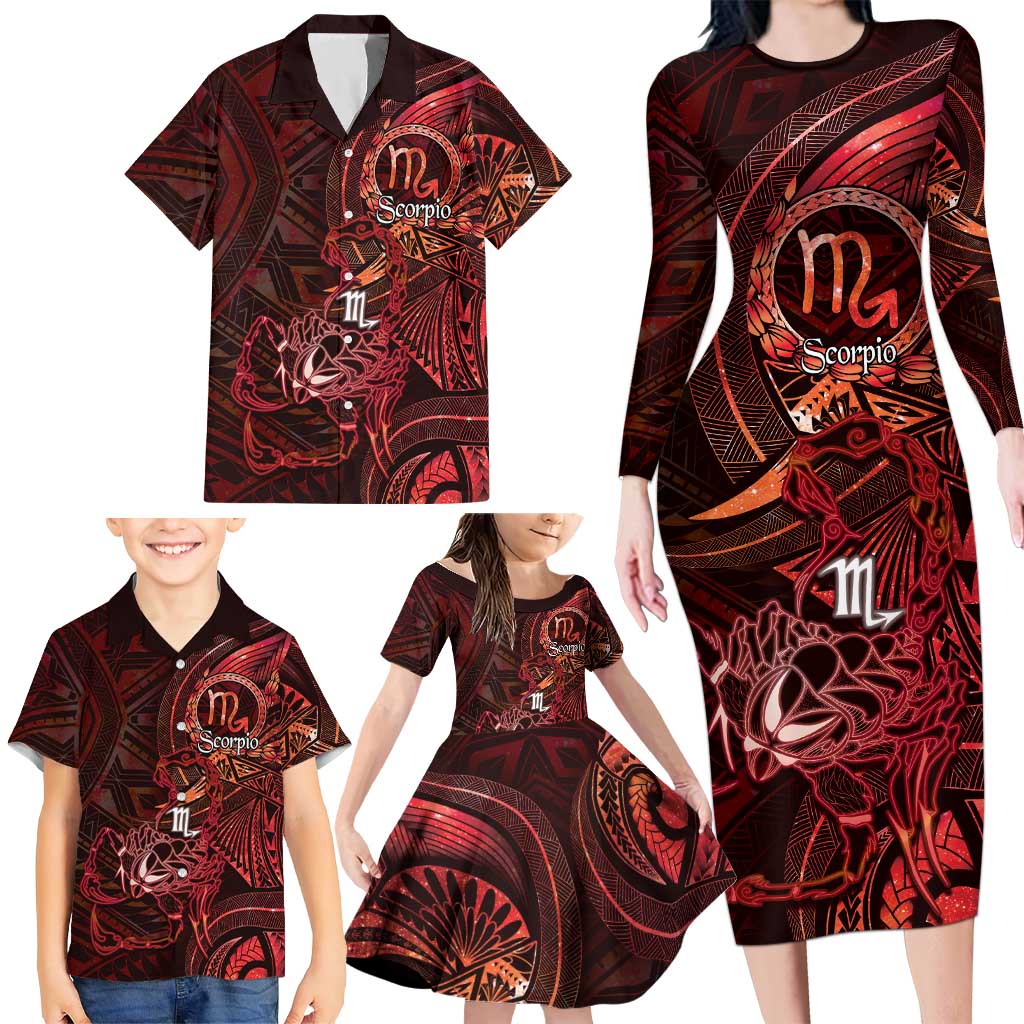 Personalised Polynesia Zodiac Scorpio Family Matching Long Sleeve Bodycon Dress and Hawaiian Shirt Galaxy Polynesian Pattern Chest Tattoo Style