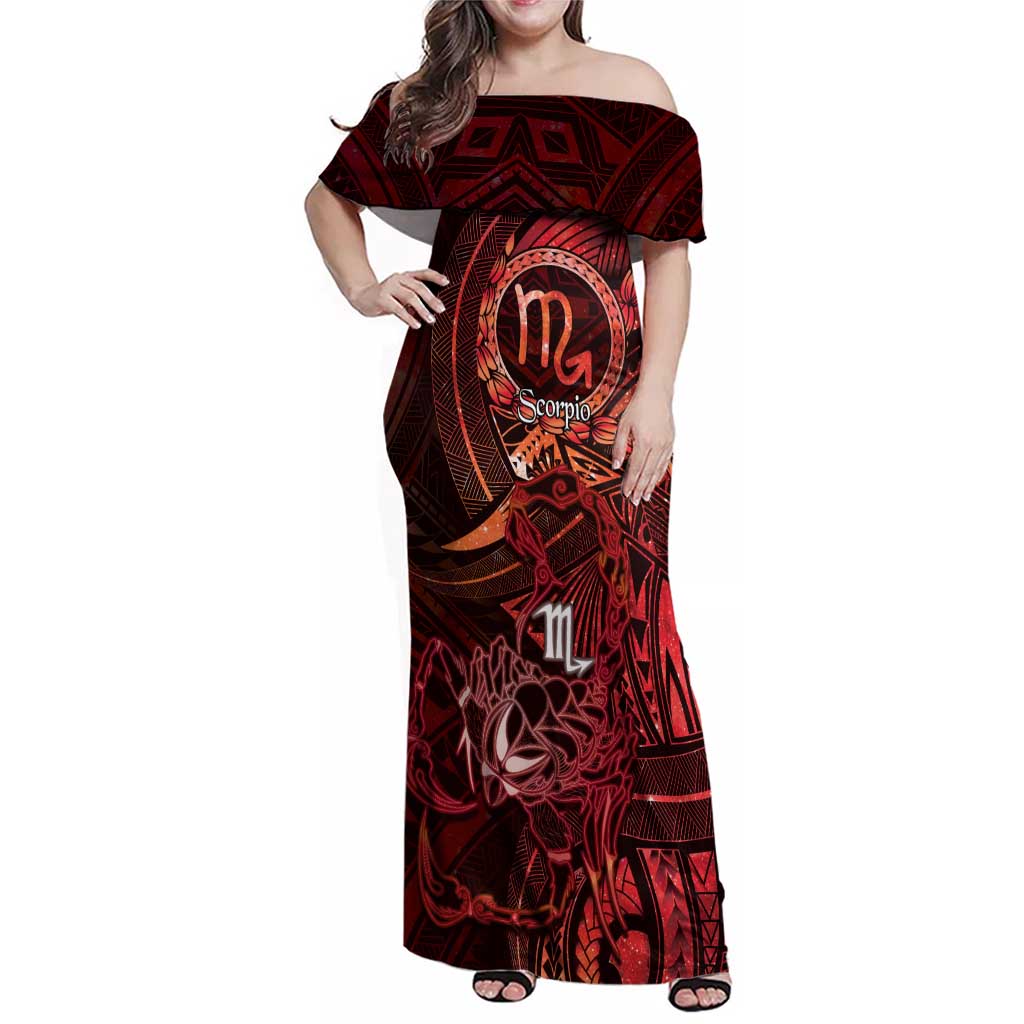 Personalised Polynesia Zodiac Scorpio Family Matching Off Shoulder Maxi Dress and Hawaiian Shirt Galaxy Polynesian Pattern Chest Tattoo Style