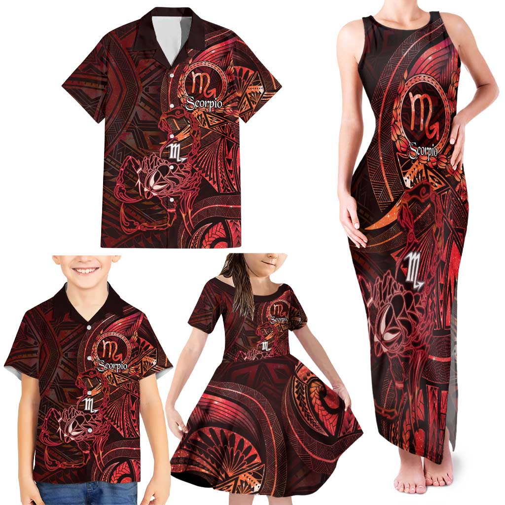 Personalised Polynesia Zodiac Scorpio Family Matching Tank Maxi Dress and Hawaiian Shirt Galaxy Polynesian Pattern Chest Tattoo Style
