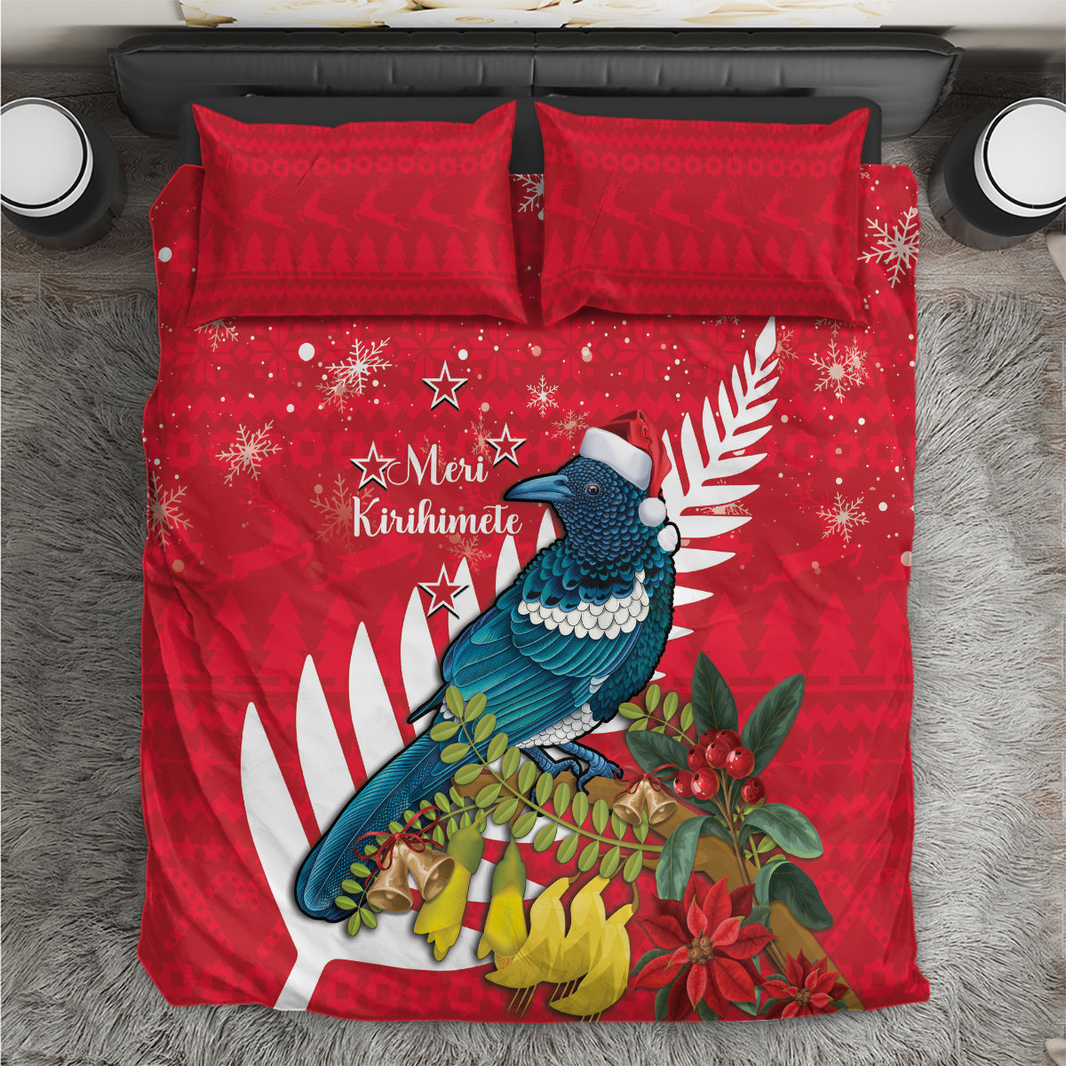 New Zealand Christmas In July Bedding Set Tui Bird With Kowhai Meri Kirihimete