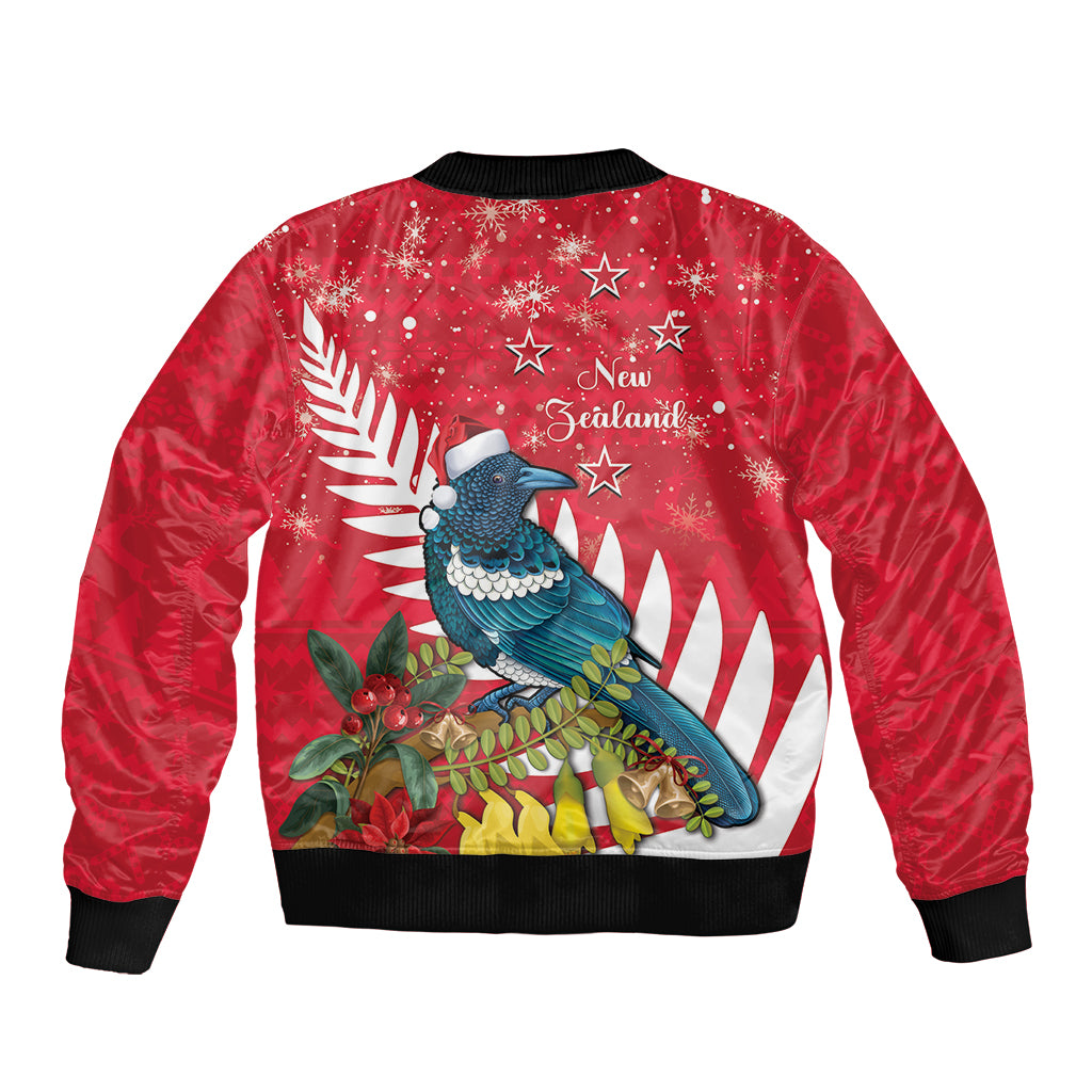 New Zealand Christmas In July Bomber Jacket Tui Bird With Kowhai Meri Kirihimete