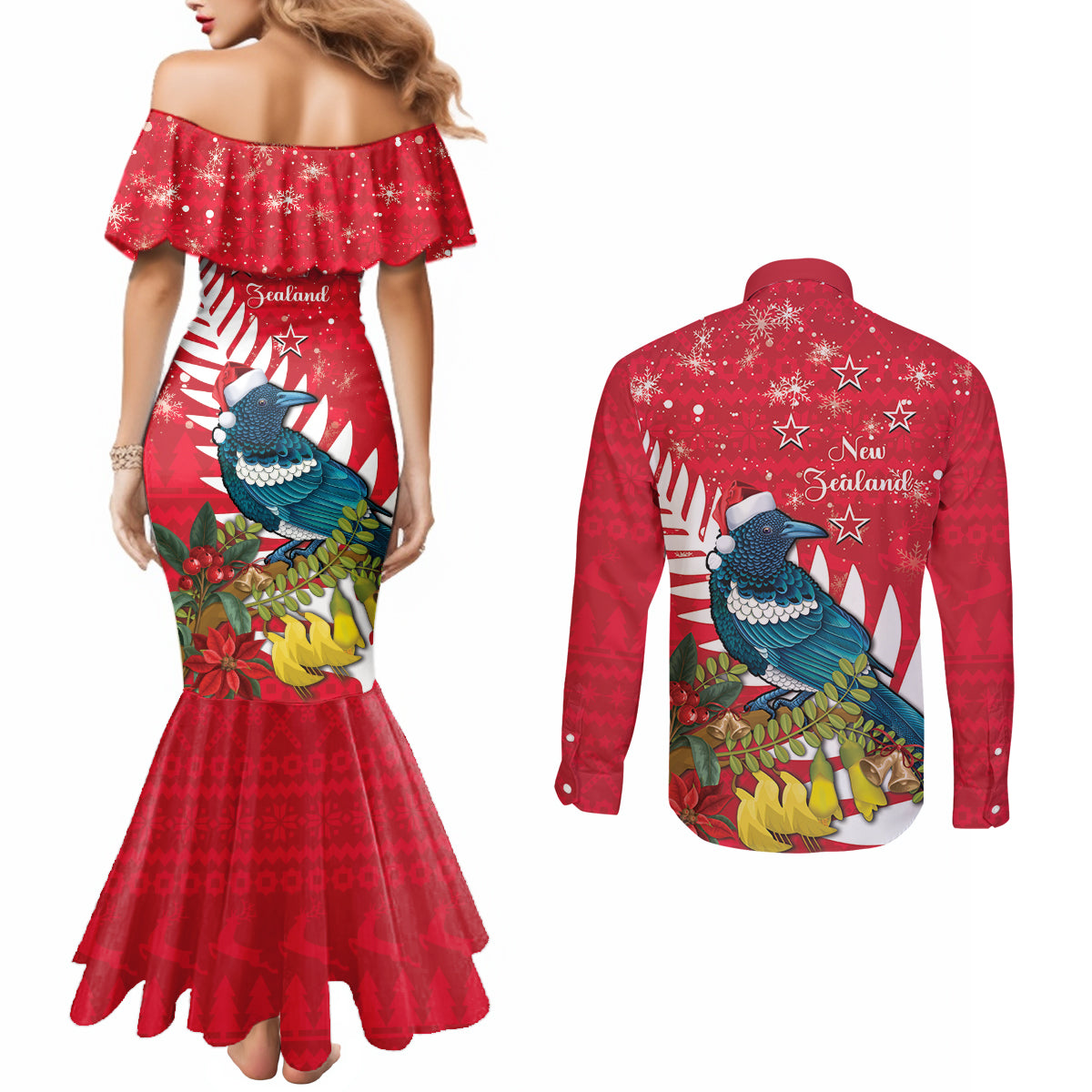 New Zealand Christmas In July Couples Matching Mermaid Dress and Long Sleeve Button Shirt Tui Bird With Kowhai Meri Kirihimete