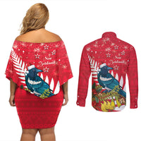 New Zealand Christmas In July Couples Matching Off Shoulder Short Dress and Long Sleeve Button Shirt Tui Bird With Kowhai Meri Kirihimete