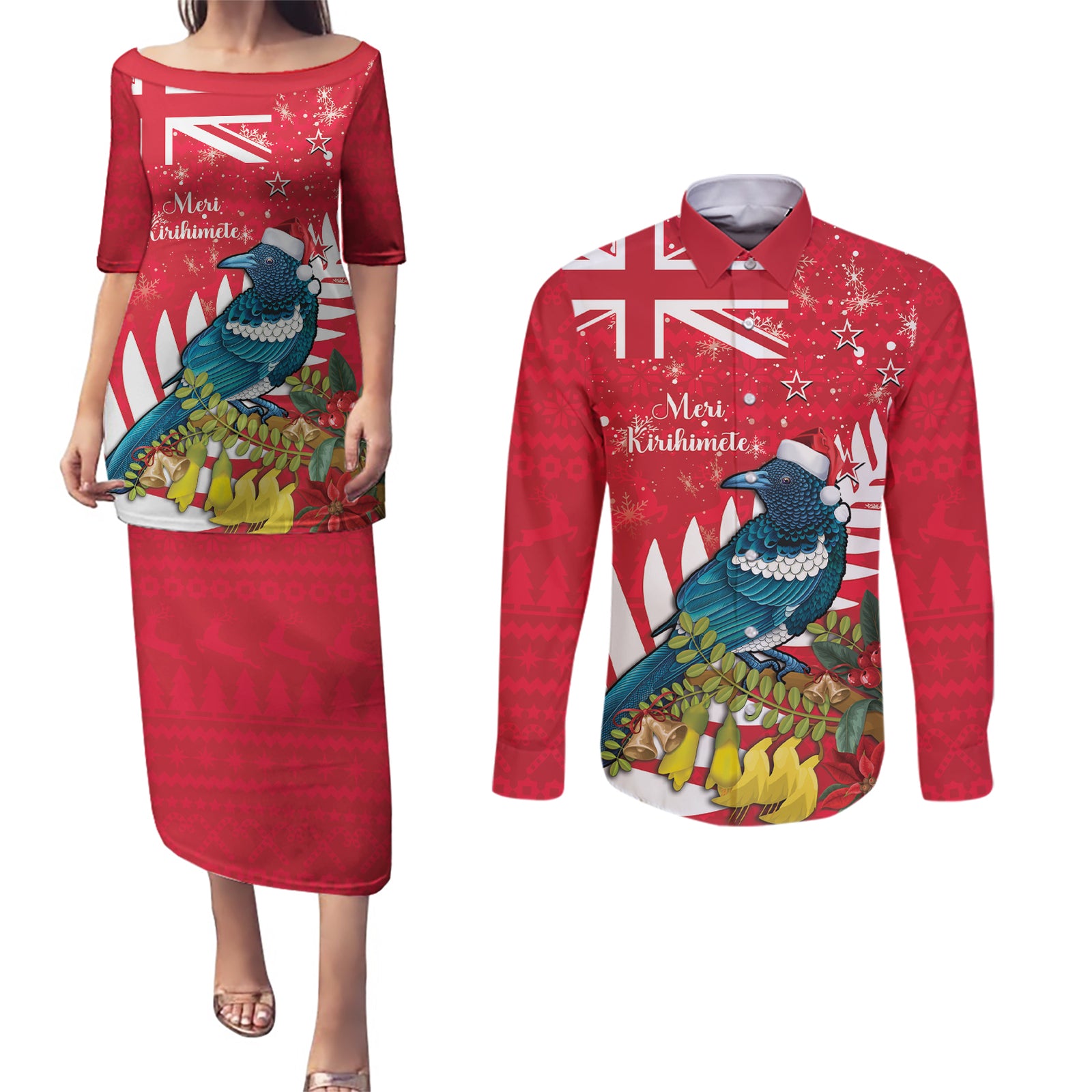 New Zealand Christmas In July Couples Matching Puletasi and Long Sleeve Button Shirt Tui Bird With Kowhai Meri Kirihimete