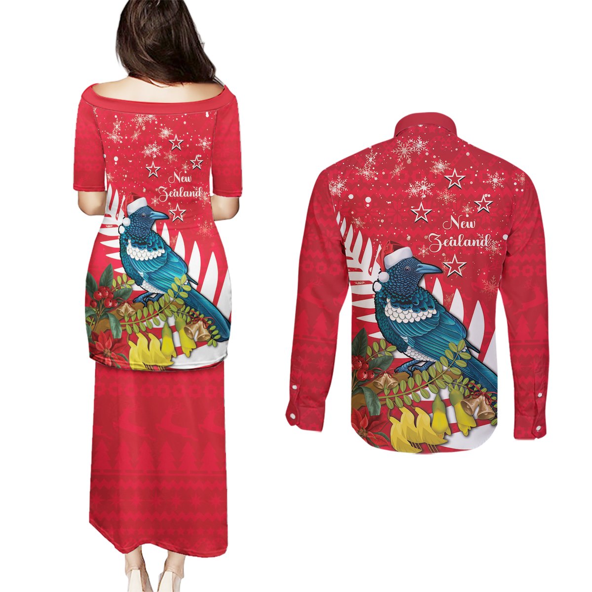 New Zealand Christmas In July Couples Matching Puletasi and Long Sleeve Button Shirt Tui Bird With Kowhai Meri Kirihimete LT14 - Polynesian Pride