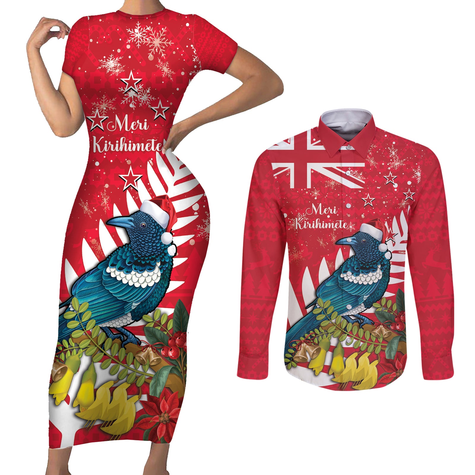 New Zealand Christmas In July Couples Matching Short Sleeve Bodycon Dress and Long Sleeve Button Shirt Tui Bird With Kowhai Meri Kirihimete