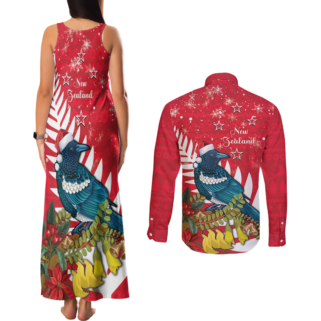 New Zealand Christmas In July Couples Matching Tank Maxi Dress and Long Sleeve Button Shirt Tui Bird With Kowhai Meri Kirihimete