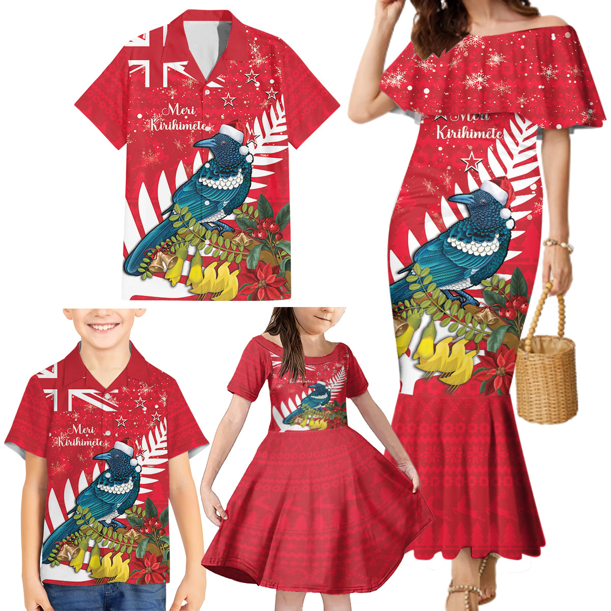 New Zealand Christmas In July Family Matching Mermaid Dress and Hawaiian Shirt Tui Bird With Kowhai Meri Kirihimete LT14 - Polynesian Pride
