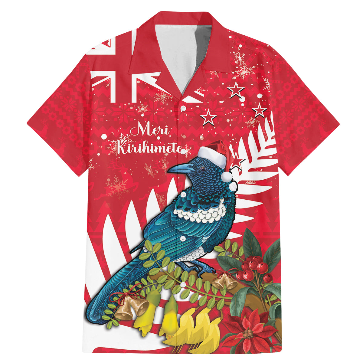 New Zealand Christmas In July Family Matching Mermaid Dress and Hawaiian Shirt Tui Bird With Kowhai Meri Kirihimete LT14 Dad's Shirt - Short Sleeve Red - Polynesian Pride