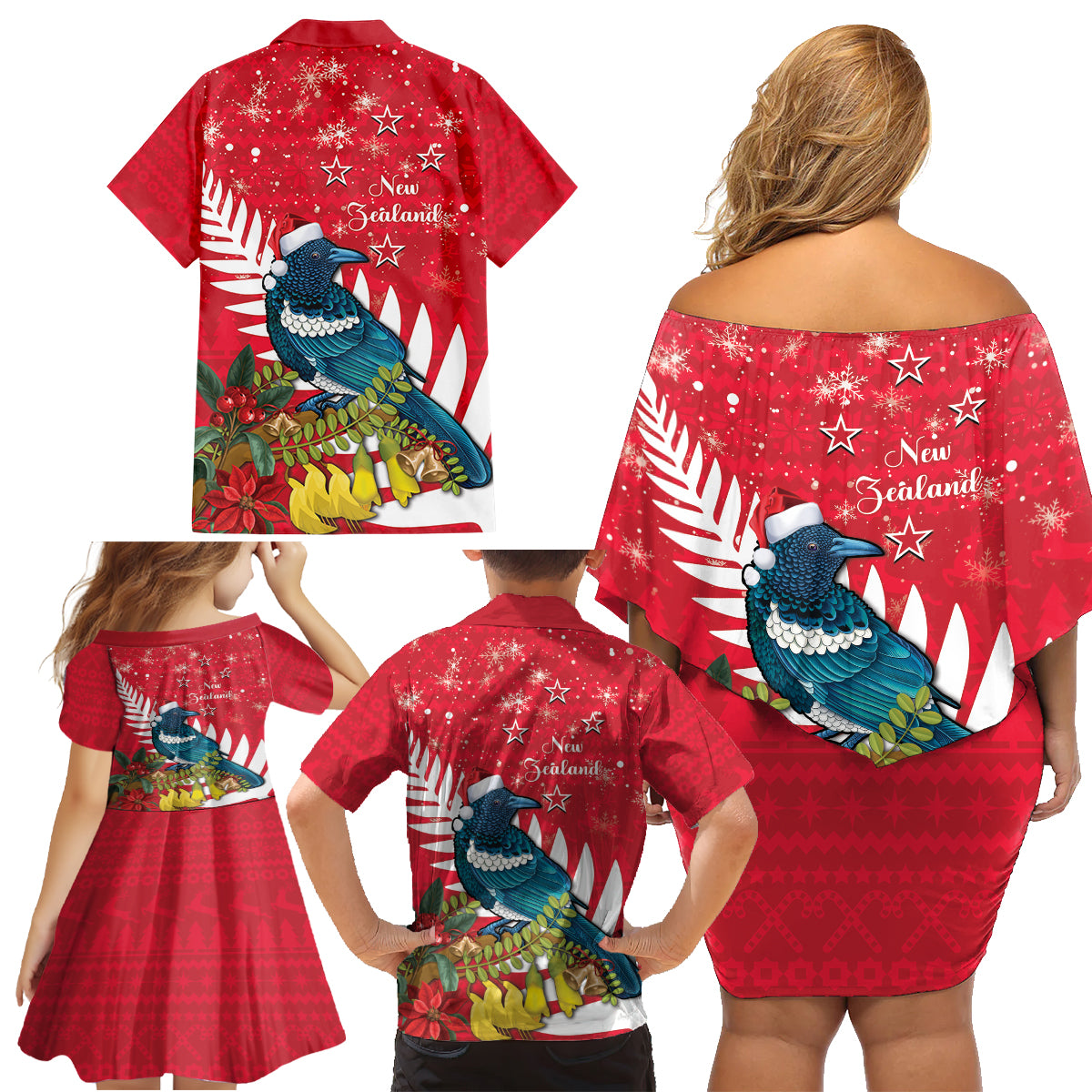 New Zealand Christmas In July Family Matching Off Shoulder Short Dress and Hawaiian Shirt Tui Bird With Kowhai Meri Kirihimete