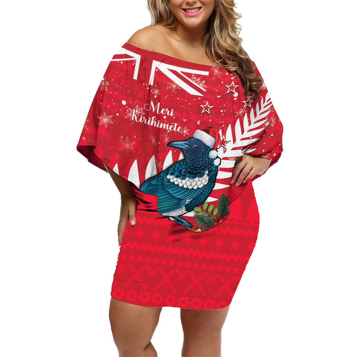 New Zealand Christmas In July Family Matching Off Shoulder Short Dress and Hawaiian Shirt Tui Bird With Kowhai Meri Kirihimete