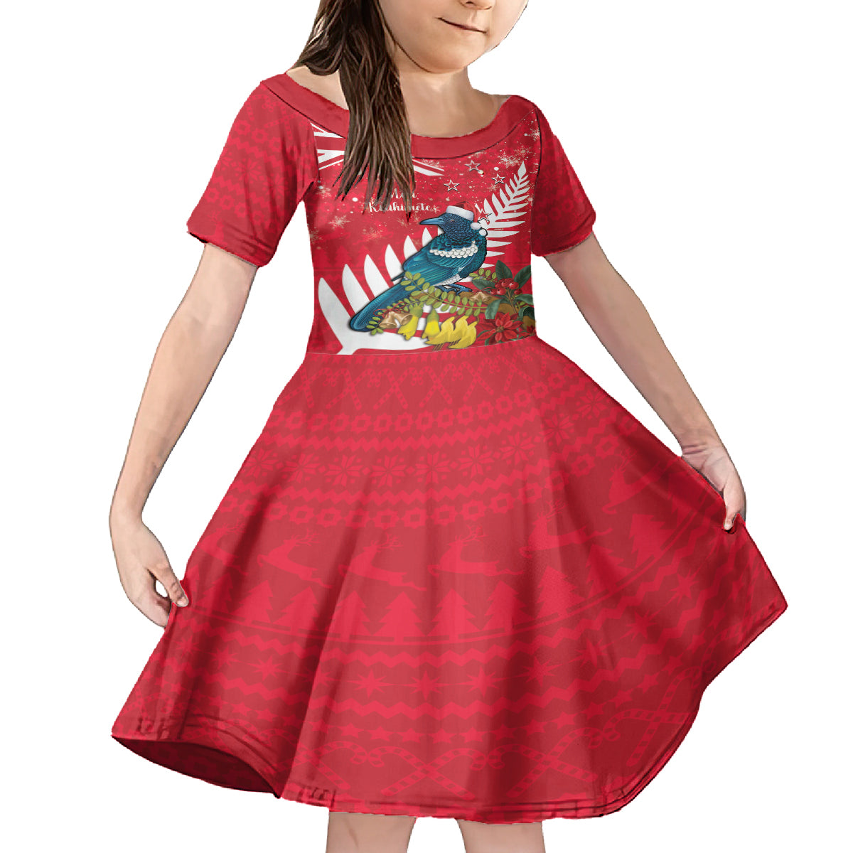 New Zealand Christmas In July Family Matching Puletasi and Hawaiian Shirt Tui Bird With Kowhai Meri Kirihimete LT14 Daughter's Dress Red - Polynesian Pride