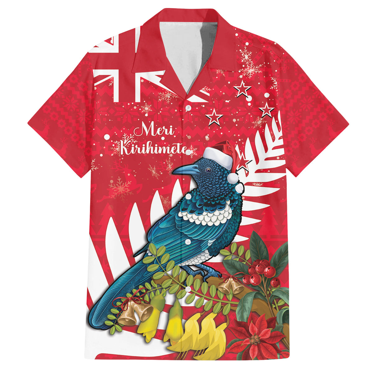 New Zealand Christmas In July Family Matching Puletasi and Hawaiian Shirt Tui Bird With Kowhai Meri Kirihimete LT14 Dad's Shirt - Short Sleeve Red - Polynesian Pride