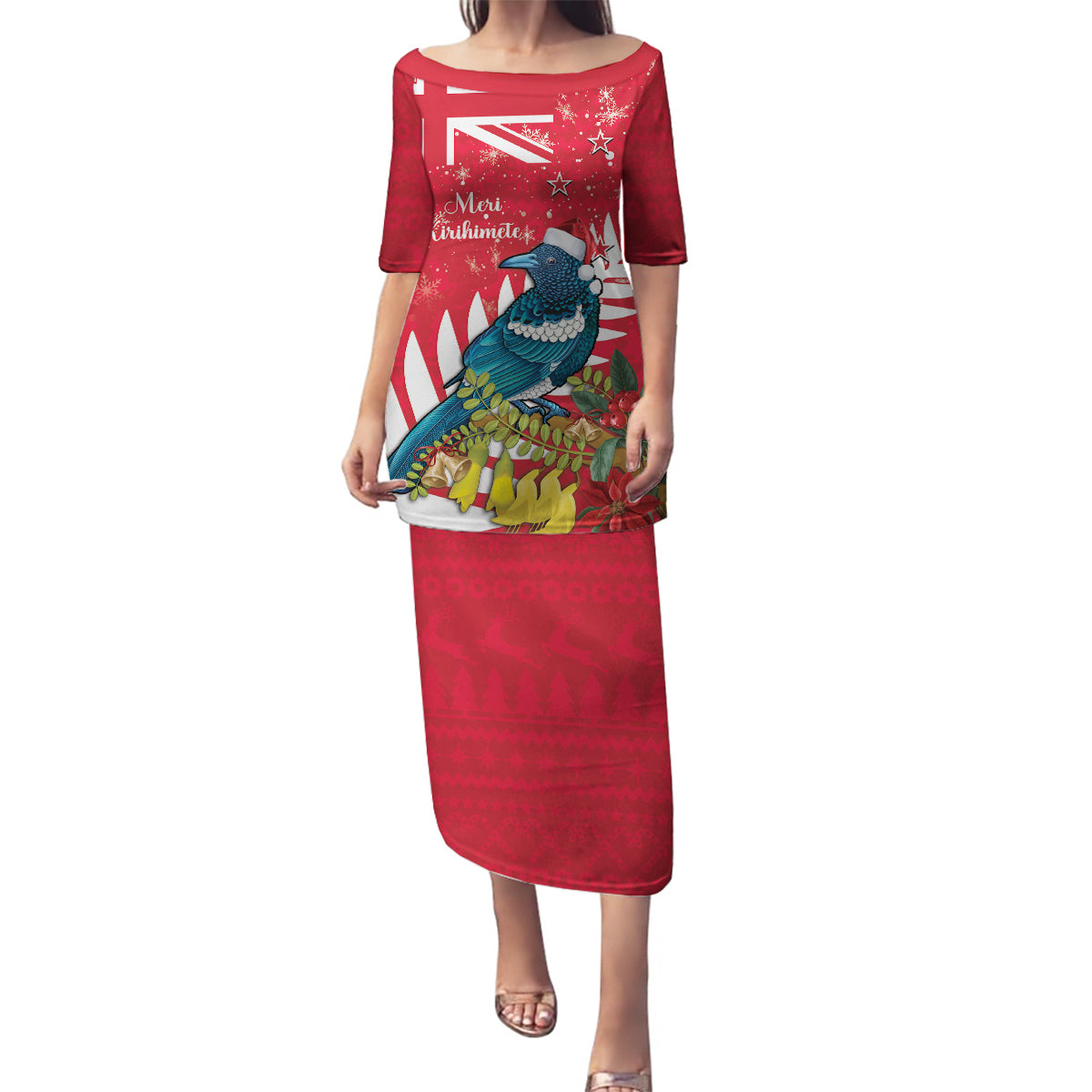 New Zealand Christmas In July Family Matching Puletasi and Hawaiian Shirt Tui Bird With Kowhai Meri Kirihimete LT14 Mom's Dress Red - Polynesian Pride