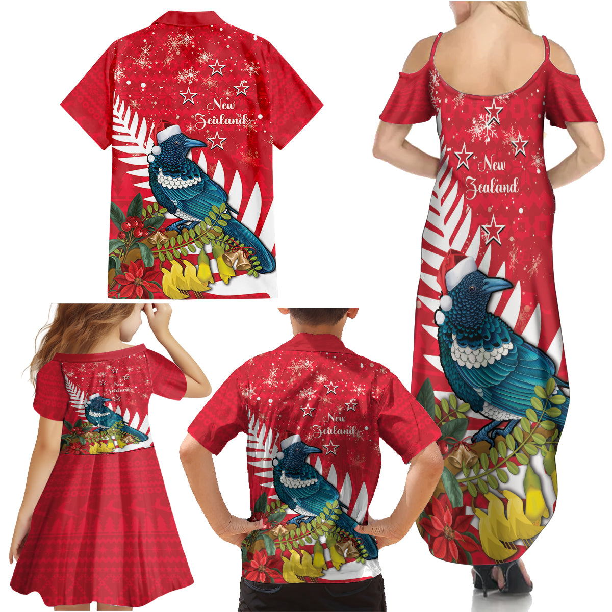 New Zealand Christmas In July Family Matching Summer Maxi Dress and Hawaiian Shirt Tui Bird With Kowhai Meri Kirihimete LT14 - Polynesian Pride