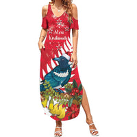 New Zealand Christmas In July Family Matching Summer Maxi Dress and Hawaiian Shirt Tui Bird With Kowhai Meri Kirihimete LT14 Mom's Dress Red - Polynesian Pride