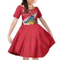New Zealand Christmas In July Kid Short Sleeve Dress Tui Bird With Kowhai Meri Kirihimete LT14 KID Red - Polynesian Pride