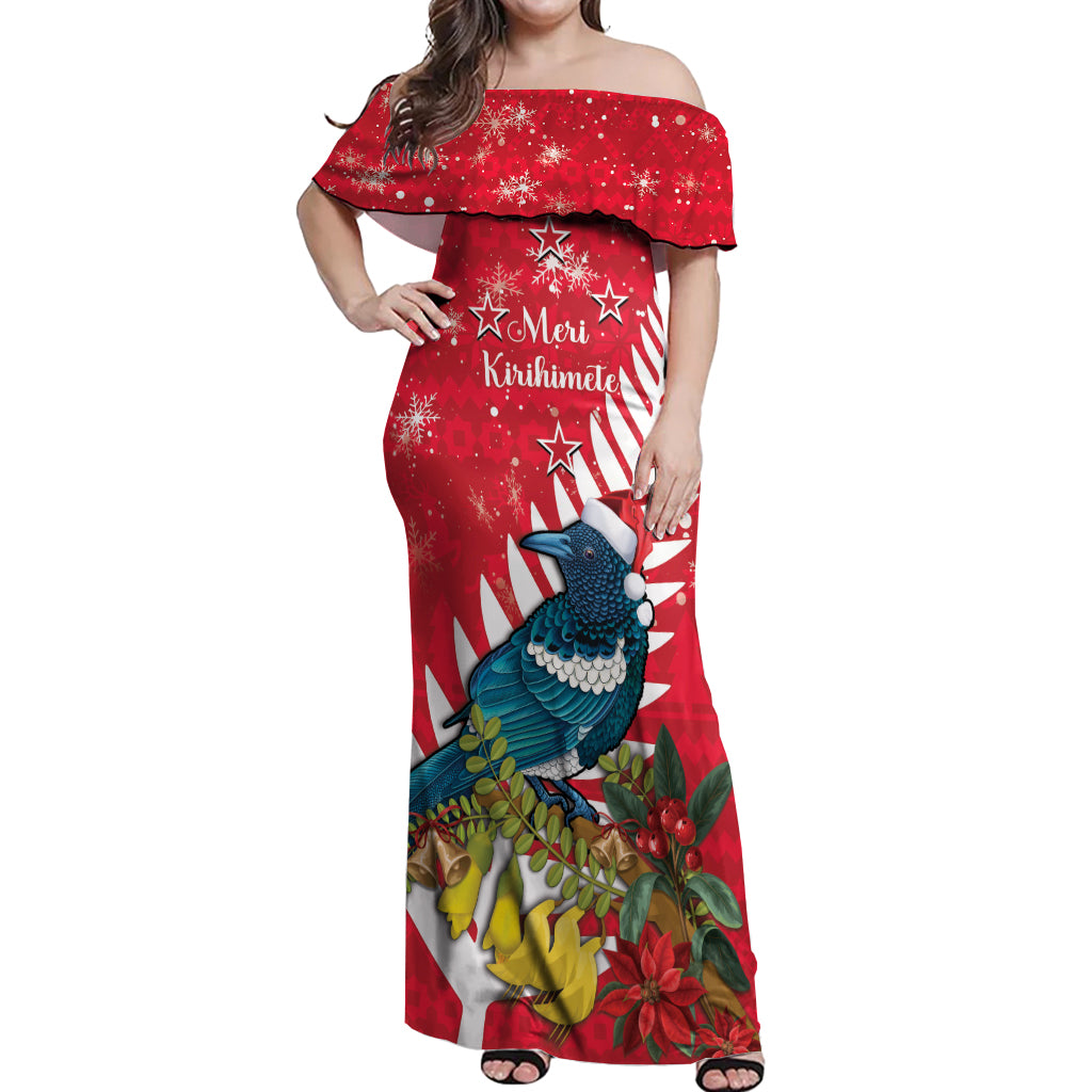 New Zealand Christmas In July Off Shoulder Maxi Dress Tui Bird With Kowhai Meri Kirihimete LT14 Women Red - Polynesian Pride