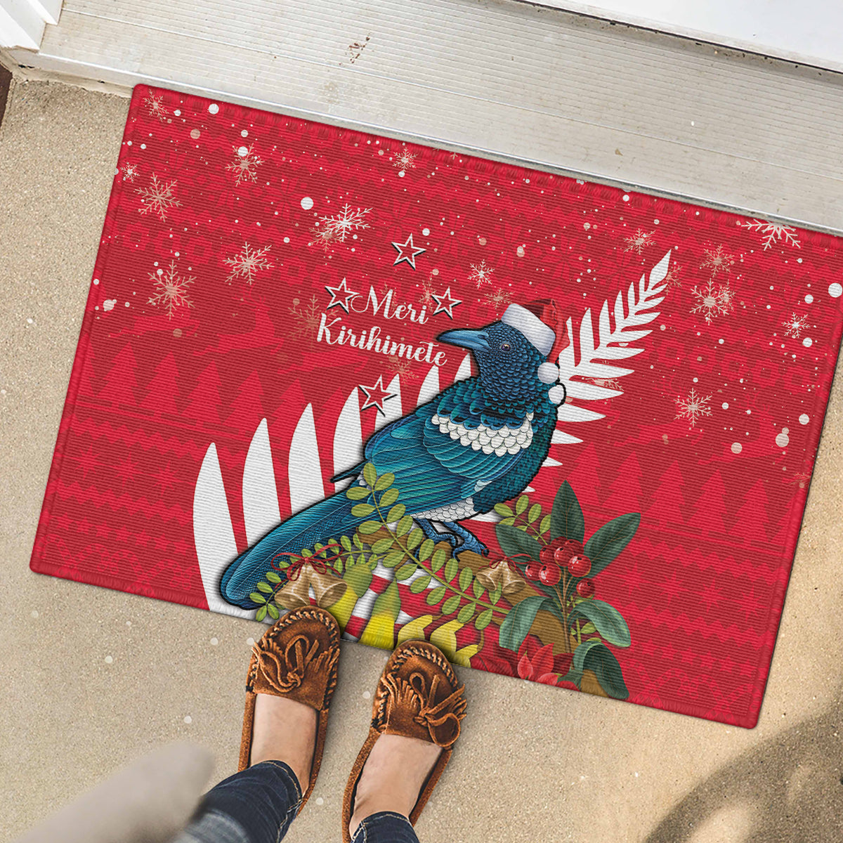 New Zealand Christmas In July Rubber Doormat Tui Bird With Kowhai Meri Kirihimete