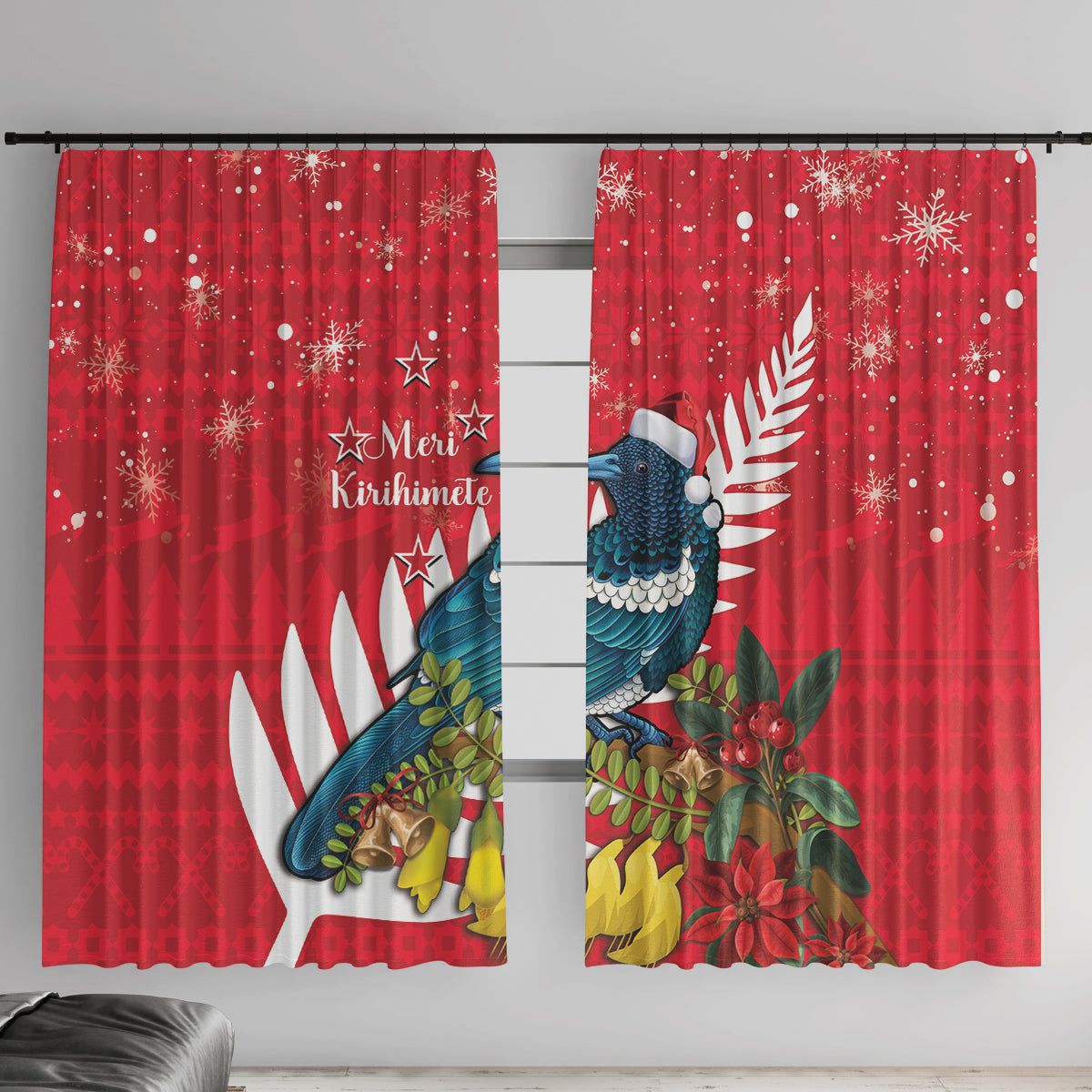 New Zealand Christmas In July Window Curtain Tui Bird With Kowhai Meri Kirihimete LT14 With Hooks Red - Polynesian Pride