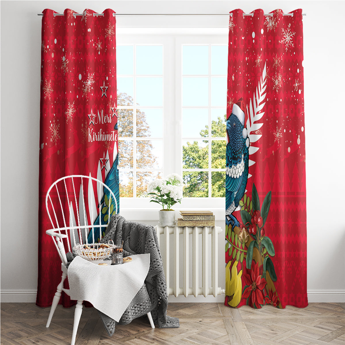 New Zealand Christmas In July Window Curtain Tui Bird With Kowhai Meri Kirihimete LT14 - Polynesian Pride