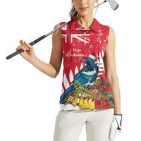New Zealand Christmas In July Women Sleeveless Polo Shirt Tui Bird With Kowhai Meri Kirihimete LT14 - Polynesian Pride