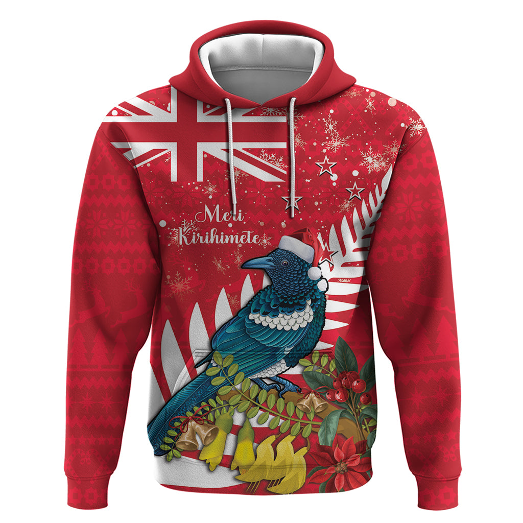 New Zealand Christmas In July Zip Hoodie Tui Bird With Kowhai Meri Kirihimete LT14 Pullover Hoodie Red - Polynesian Pride