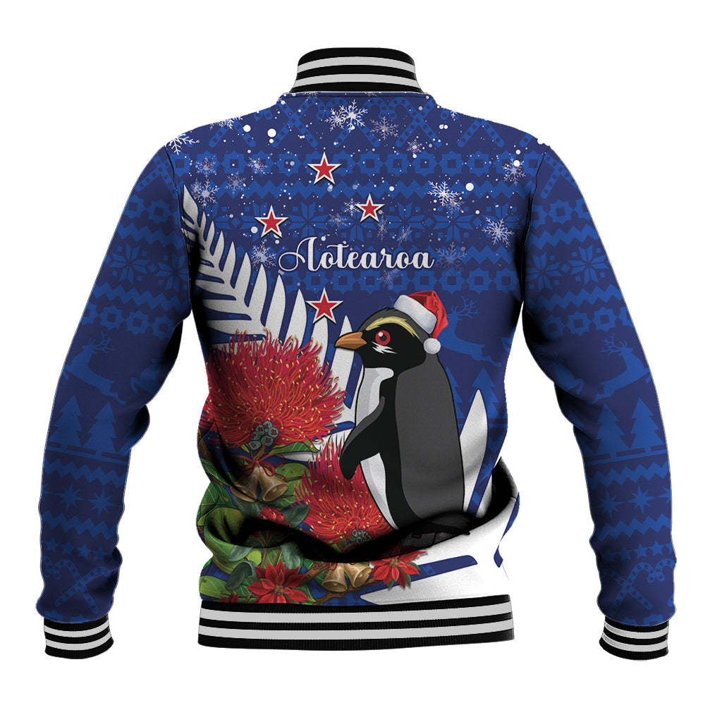 New Zealand Christmas In July Baseball Jacket Fiordland Penguin With Pohutukawa Flower LT14 - Polynesian Pride