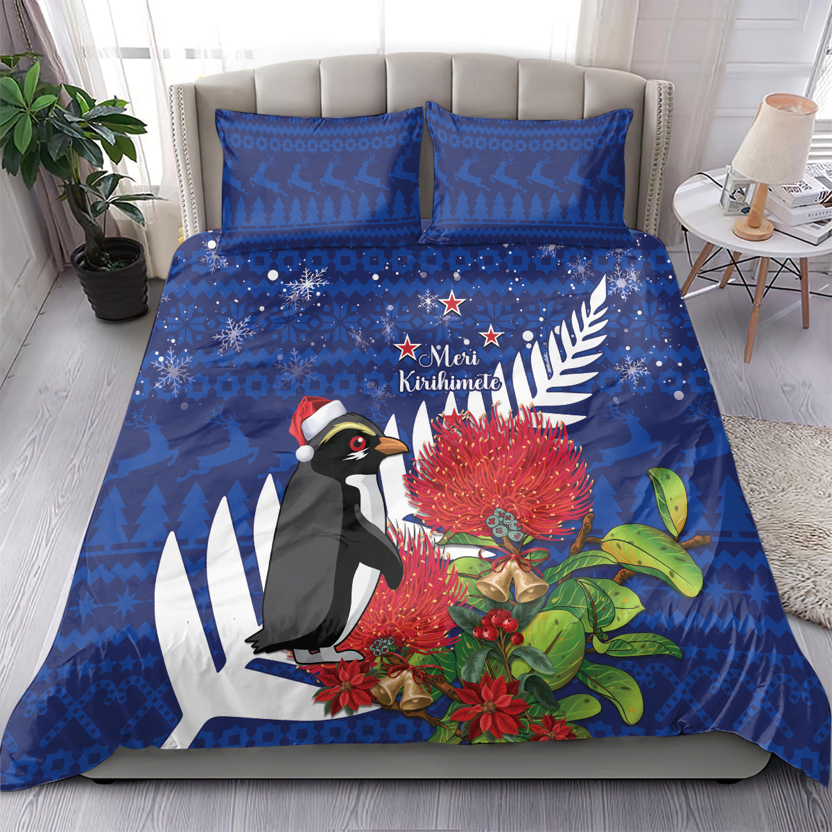 New Zealand Christmas In July Bedding Set Fiordland Penguin With Pohutukawa Flower