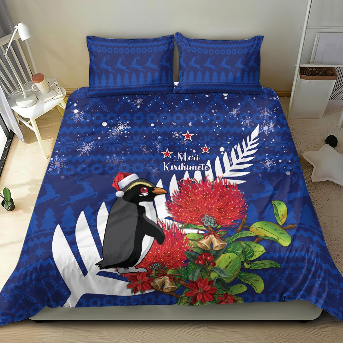 New Zealand Christmas In July Bedding Set Fiordland Penguin With Pohutukawa Flower