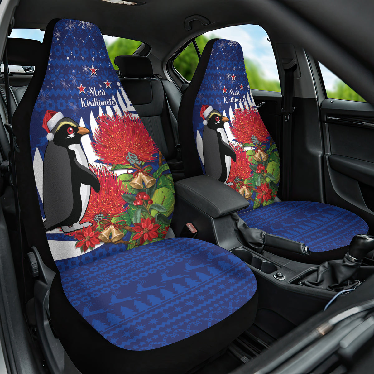 New Zealand Christmas In July Car Seat Cover Fiordland Penguin With Pohutukawa Flower