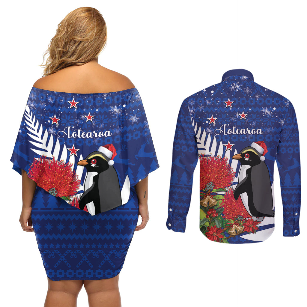 New Zealand Christmas In July Couples Matching Off Shoulder Short Dress and Long Sleeve Button Shirt Fiordland Penguin With Pohutukawa Flower