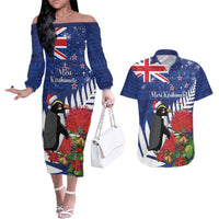 New Zealand Christmas In July Couples Matching Off The Shoulder Long Sleeve Dress and Hawaiian Shirt Fiordland Penguin With Pohutukawa Flower LT14 Blue - Polynesian Pride