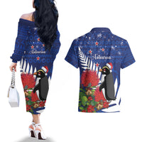 New Zealand Christmas In July Couples Matching Off The Shoulder Long Sleeve Dress and Hawaiian Shirt Fiordland Penguin With Pohutukawa Flower LT14 - Polynesian Pride