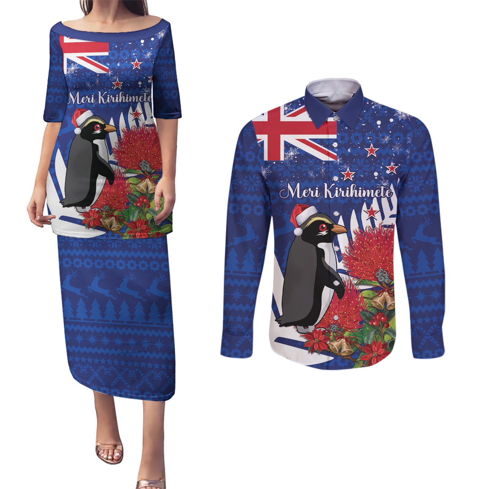 New Zealand Christmas In July Couples Matching Puletasi and Long Sleeve Button Shirt Fiordland Penguin With Pohutukawa Flower