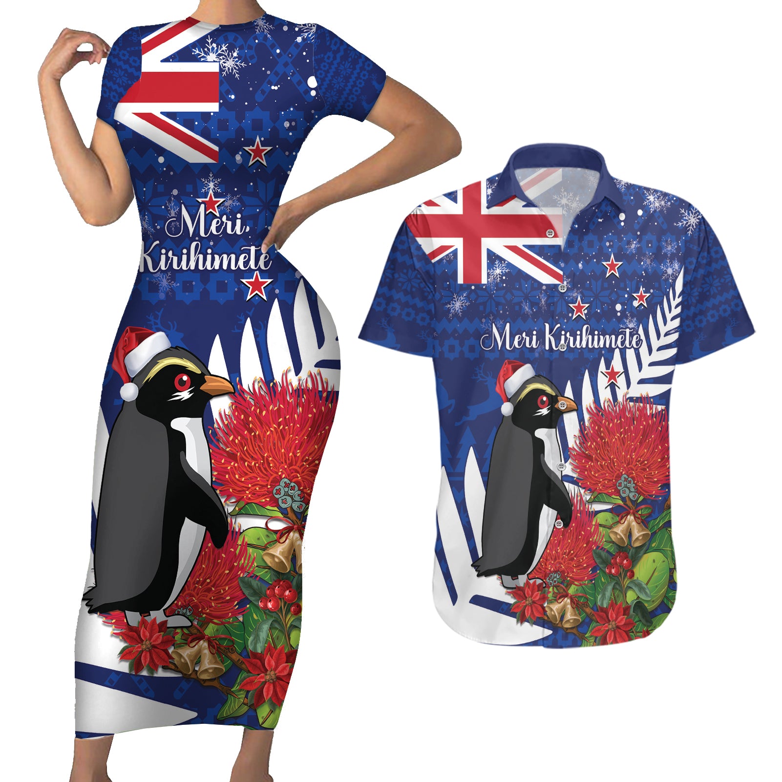 New Zealand Christmas In July Couples Matching Short Sleeve Bodycon Dress and Hawaiian Shirt Fiordland Penguin With Pohutukawa Flower