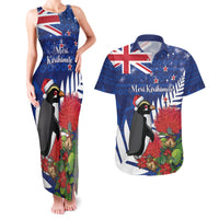 New Zealand Christmas In July Couples Matching Tank Maxi Dress and Hawaiian Shirt Fiordland Penguin With Pohutukawa Flower LT14 Blue - Polynesian Pride