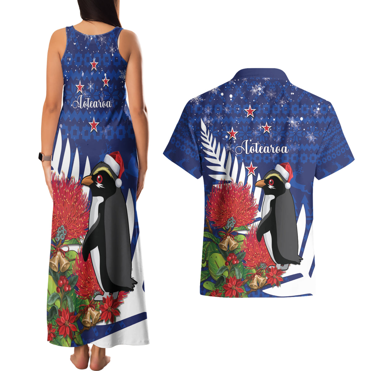 New Zealand Christmas In July Couples Matching Tank Maxi Dress and Hawaiian Shirt Fiordland Penguin With Pohutukawa Flower LT14 - Polynesian Pride