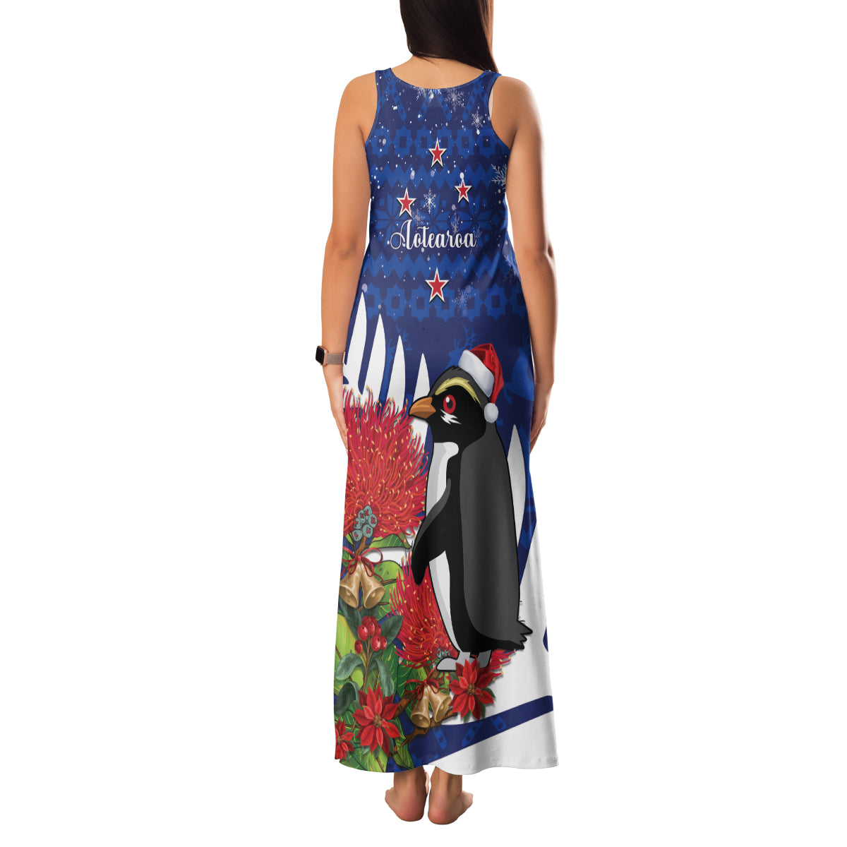 New Zealand Christmas In July Family Matching Tank Maxi Dress and Hawaiian Shirt Fiordland Penguin With Pohutukawa Flower