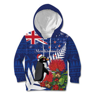 New Zealand Christmas In July Kid Hoodie Fiordland Penguin With Pohutukawa Flower LT14