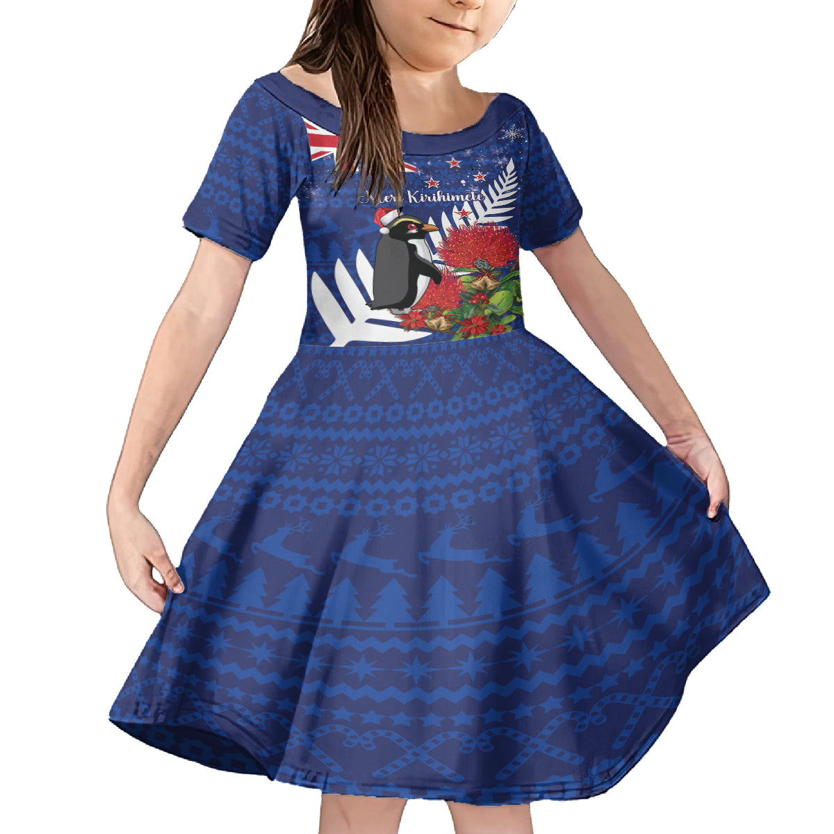 New Zealand Christmas In July Kid Short Sleeve Dress Fiordland Penguin With Pohutukawa Flower LT14 KID Blue - Polynesian Pride