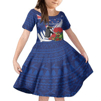 New Zealand Christmas In July Kid Short Sleeve Dress Fiordland Penguin With Pohutukawa Flower LT14 KID Blue - Polynesian Pride