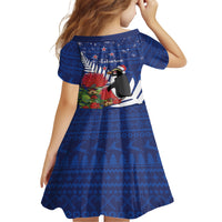 New Zealand Christmas In July Kid Short Sleeve Dress Fiordland Penguin With Pohutukawa Flower LT14 - Polynesian Pride