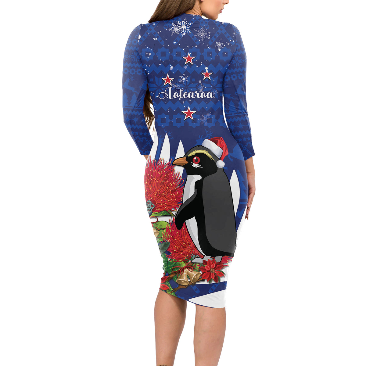 New Zealand Christmas In July Long Sleeve Bodycon Dress Fiordland Penguin With Pohutukawa Flower LT14 - Polynesian Pride